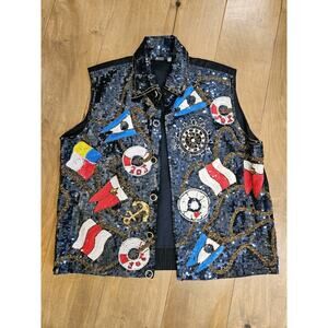 Vintage MODI Silk Sequin Vest Med Multicolor Beaded 80s 90s Cruise Sailing M